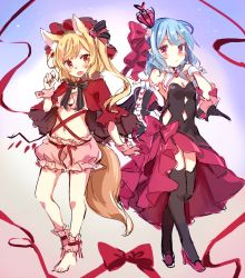 Rule 34 | 2girls, animal ears, armband, armpits, barefoot, bat wings, black dress, black legwear, black ribbon, blonde hair, bloomers, blue hair, blush, capelet, closed mouth, collar, commentary request, crystal, dress, expressionless, fang, flandre scarlet, frilled collar, frills, frown, full body, hair ribbon, hat, hat ribbon, high heels, medium hair, midriff, mob cap, multiple girls, navel, neck ribbon, off-shoulder dress, off shoulder, one side up, open mouth, paragasu (parags112), red capelet, red eyes, red footwear, red ribbon, remilia scarlet, ribbon, siblings, sisters, standing, tail, touhou, underwear, v-shaped eyebrows, white bloomers, white collar, wings