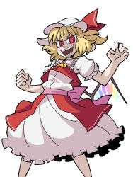 Rule 34 | 1girl, :d, ascot, blonde hair, commentary, commission, crystal, eddybird55555, english commentary, feet out of frame, flandre scarlet, hat, hat ribbon, highres, looking at viewer, mob cap, open mouth, red eyes, red ribbon, red vest, ribbon, ringed eyes, sharp teeth, shirt, short hair, simple background, smile, solo, standing, teeth, touhou, v-shaped eyebrows, vanripper (style), vest, white background, white hat, white shirt, wings, yellow ascot