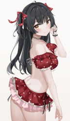 Rule 34 | 1girl, absurdres, ahoge, arched back, bare shoulders, bikini, black hair, black ribbon, blunt bangs, blush, breasts, choker, commentary, cowboy shot, detached sleeves, frilled bikini, frills, from side, hair ribbon, hand in own hair, hand up, heart, heart choker, heart print, highres, idolmaster, idolmaster shiny colors, light smile, looking at viewer, looking to the side, mayuzumi fuyuko, medium breasts, off-shoulder bikini, off shoulder, print bikini, red bikini, ribbon, side-tie bikini bottom, simple background, solo, strapless, strapless bikini, sweat, swimsuit, thighs, twisted torso, two side up, white background, whitebc