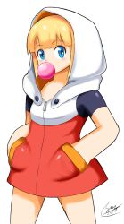 Rule 34 | 1girl, absurdres, android, blonde hair, blue eyes, blunt bangs, dress, eyebrows, highres, hooded dress, mega man (classic), mega man (series), mega man 11, no humans, robot, roll (mega man), simple background, solo, white background, zipper