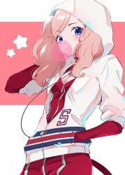 Rule 34 | 1girl, absurdres, blue eyes, blush, bodysuit, breasts, chewing gum, cleavage, cleavage cutout, clothing cutout, emi star, hand in pocket, highres, hood, hood up, hoodie, leaning back, medium hair, persona, persona 5, red bodysuit, small breasts, solo, star (symbol), tail, takamaki anne, twintails, white hoodie