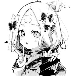 Rule 34 | 1girl, abigail williams (fate), abigail williams (traveling outfit) (fate), blush, bow, double v, fate/grand order, fate (series), greyscale, hair bow, hair bun, hands up, heart, heroic spirit traveling outfit, highres, jacket, long sleeves, looking at viewer, monochrome, multiple hair bows, official alternate costume, parted bangs, parted lips, signature, simple background, single hair bun, sleeves past wrists, sofra, solo, teeth, twitter username, upper body, upper teeth only, v, white background