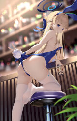Rule 34 | 1girl, absurdres, animal ears, ass, back, bare shoulders, bingchuan xian yu huang, blonde hair, blue archive, blue eyes, blue leotard, blush, braid, breasts, butt crack, cup, drinking glass, fake animal ears, fake tail, french braid, halo, highleg, highleg leotard, highres, leotard, long hair, looking at viewer, looking back, nipples, playboy bunny, rabbit ears, rabbit tail, small breasts, solo, stool, tail, thighhighs, thighs, toki (blue archive), toki (bunny) (blue archive), wedgie, white thighhighs, wrist cuffs