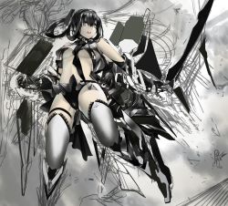 Rule 34 | &gt;:o, 1girl, :o, armor, armored boots, black eyes, black gloves, black hair, black panties, black theme, boots, breasts, crop top, crop top overhang, elbow gloves, gloves, grey skirt, grey thighhighs, hair between eyes, hand up, highleg, highleg panties, lace, lace-trimmed legwear, lace trim, long hair, looking to the side, matching hair/eyes, mecha musume, microskirt, open mouth, original, panties, pleated skirt, rayvon, revealing clothes, science fiction, sidelocks, silver legwear, sketch, skirt, small breasts, solo, teeth, thighhighs, thighs, underboob, underwear, v-shaped eyebrows