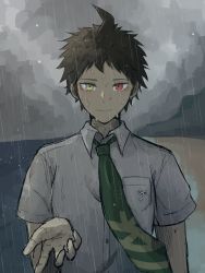 Rule 34 | 1boy, ahoge, badge, breast pocket, brown eyes, brown hair, closed mouth, cloud, cloudy sky, collared shirt, commentary request, danganronpa (series), danganronpa 2: goodbye despair, dress shirt, green necktie, grey shirt, heterochromia, highres, hinata hajime, looking at viewer, male focus, necktie, outdoors, pocket, rain, red eyes, shirt, short sleeves, sky, smile, solo, suangasua, upper body, wet, wet clothes, wet shirt
