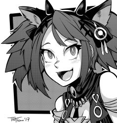 Rule 34 | 1girl, absurdres, animal ears, bare shoulders, border, bright pupils, commentary, dated, english commentary, eyelashes, fake horns, fangs, federico freschi, force of will, highres, horned headwear, horns, light blush, monochrome, open mouth, pricia (force of will), short hair, signature, solo, twintails, upper body, white pupils