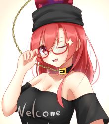 Rule 34 | 1girl, ;d, bad id, bad twitter id, bare shoulders, beige background, bespectacled, black choker, black shirt, blush, breasts, chain, choker, cleavage, clothes writing, collarbone, commentary request, glasses, gradient background, hair between eyes, hecatia lapislazuli, highres, large breasts, long hair, looking at viewer, musteflott419, off-shoulder shirt, off shoulder, one eye closed, open mouth, red-framed eyewear, red eyes, red hair, shirt, short sleeves, sidelocks, smile, solo, sparkle, t-shirt, touhou, upper body, white background