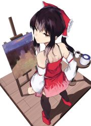 Rule 34 | 1girl, black hair, black thighhighs, bow, brown eyes, closed mouth, coffee, coffee mug, commentary, cookie (touhou), crop top, cup, detached sleeves, expressionless, full body, hair between eyes, hair bow, hakurei reimu, highres, long hair, looking at viewer, looking back, mug, painting (object), red bow, red footwear, red shirt, red skirt, rizeass, shirt, shoes, sidelocks, skirt, solo, standing, symbol-only commentary, thighhighs, touhou, white background, white sleeves, wooden floor, yuyusu (cookie)