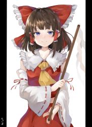 Rule 34 | 1girl, ascot, bare shoulders, black border, blue eyes, border, bow, breasts, brown hair, closed mouth, collar, collared shirt, detached sleeves, eyes visible through hair, frills, gohei, hair ornament, hair tubes, hakurei reimu, hand up, highres, long sleeves, looking to the side, medium breasts, multicolored eyes, purple eyes, red bow, red shirt, red skirt, ribbon-trimmed sleeves, ribbon trim, shirt, short hair, simple background, skirt, smile, solo, standing, touhou, white background, wide sleeves, yellow ascot