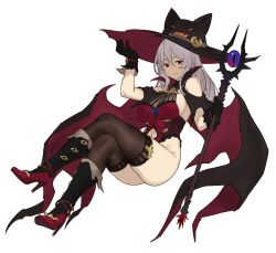 Rule 34 | 1girl, animal hat, black gloves, black legwear, boots, breasts, cape, center opening, closed mouth, crossed legs, full body, gloves, hat, high heel boots, high heels, holding, houtengeki, large breasts, leotard, long hair, looking at viewer, original, red eyes, ribbon, silver hair, simple background, sleeveless, solo, staff, thighs, white background, witch hat