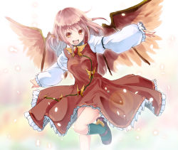Rule 34 | 1girl, :d, bad id, bad pixiv id, brown eyes, brown hair, dress, female focus, fingernails, mystia lorelei, no headwear, open mouth, outstretched arms, sharp fingernails, smile, solo, touhou, wings, yae (mono110)