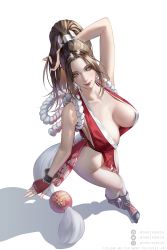Rule 34 | 1girl, areola slip, arm at side, arm up, artstation username, bad id, bad pixiv id, bare shoulders, breasts, breasts apart, brown hair, cleavage, closed mouth, fatal fury, floral print, from above, full body, highres, instagram username, large breasts, lips, ninja, ponytail, shadow, shiranui mai, simple background, sleeveless, smile, snk, solo, the king of fighters, the king of fighters xv, twitter username, wandzardeen, white background
