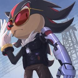 Rule 34 | 1boy, alternate costume, black fur, black vest, brown pants, cigarette, cosplay, crossover, cyberpunk (series), cyberpunk 2077, day, dog tags, furry, furry male, gloves, highres, johnny silverhand, johnny silverhand (cosplay), looking at viewer, mechanical arms, microbihon, outdoors, pants, red-tinted eyewear, red fur, shadow the hedgehog, single mechanical arm, solo, sonic (series), sunglasses, tinted eyewear, transmission tower, two-tone fur, vest, white gloves, yellow-framed eyewear