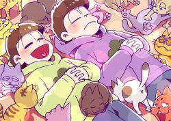 Rule 34 | 10s, 2boys, anus, blush, brothers, brown hair, cat, closed eyes, esper nyanko, glasses, heart, heart in mouth, janome (osmtpippi), lying, male focus, matsuno choromatsu, matsuno ichimatsu, messy hair, multiple boys, on back, osomatsu-kun, osomatsu-san, osomatsu (series), pants, siblings, single vertical stripe, surrounded, too many, too many cats, track pants
