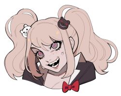 Rule 34 | 1girl, :d, @ @, bear hair ornament, bow, close-up, danganronpa: trigger happy havoc, danganronpa (series), enoshima junko, grey eyes, hair ornament, highres, open mouth, pale skin, pink hair, porqueloin, portrait, red bow, red pupils, simple background, smile, solo, sweatdrop, twintails, white background