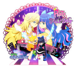 Rule 34 | 10s, 2girls, back lace, blonde hair, blue eyes, blue hair, bow, chuck (psg), coin, gun, hair bow, jewelry, kamiya zuzu, long hair, lots of jewelry, multiple girls, panty &amp; stocking with garterbelt, panty (psg), see-through (psg), siblings, sisters, smile, socks, stocking (psg), striped clothes, striped legwear, striped thighhighs, stripes i &amp; ii, sword, thighhighs, weapon, wings
