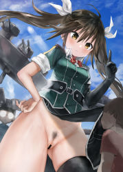 Rule 34 | 1girl, 2boys, bare shoulders, black gloves, black hair, black thighhighs, blush, brown eyes, closed mouth, commission, elbow gloves, female pubic hair, glasses, gloves, hair between eyes, hair ribbon, kantai collection, long hair, machinery, multiple boys, pelvic curtain, pubic hair, pussy, ribbon, rigging, short hair, short sleeves, single elbow glove, single thighhigh, skeb commission, thighhighs, toka (marchlizard), tone (kancolle), turret, twintails, white ribbon