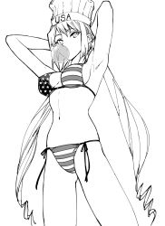 Rule 34 | 1girl, american flag bikini, armpits, arms behind head, ass, bikini, breasts, chef hat, chewing gum, flag print, hat, highres, iwamoto eiri, large breasts, long hair, looking at viewer, looking down, monica adenauer, monochrome, navel, sideboob, solo, swimsuit, twintails, v, yakitate!! japan