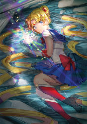 Rule 34 | 1girl, absurdly long hair, bishoujo senshi sailor moon, blonde hair, blue sailor collar, blue skirt, blush, boots, bow, carrot i, circlet, crescent, crystal, elbow gloves, gloves, high heel boots, high heels, highres, knee boots, long hair, looking at viewer, lying, maboroshi no ginzuishou, red bow, red footwear, sailor collar, sailor moon, skirt, smile, solo, tsukino usagi, twintails, very long hair, water, white gloves