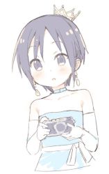 Rule 34 | 10s, 1girl, :o, bare shoulders, black eyes, black hair, blue dress, blush, camera, collarbone, commentary request, crown, dress, earrings, elbow gloves, gloves, holding, holding camera, jewelry, kurosaki honoka, meito (maze), mini crown, parted lips, short hair, solo, strapless, strapless dress, upper body, white background, white gloves, yama no susume