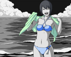 Rule 34 | 1girl, ^ ^, bikini, black hair, black sky, blue bikini, breasts, breasts apart, cameltoe, closed eyes, cloud, cowboy shot, facing viewer, happy, limited palette, naruto, naruto (series), ocean, open mouth, outdoors, shizune (naruto), short hair, sky, small breasts, smile, solo, standing, swimsuit, tk (tk&#039;s level4)