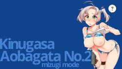 Rule 34 | 1girl, ?, antenna hair, bikini, bikini top lift, blue background, blue bikini, blush, breasts, character name, clothes lift, commentary request, floral print, green eyes, grey hair, hair tie, highres, kantai collection, kinugasa (kancolle), kusanagi tonbo, large breasts, leaning forward, lifted by self, looking at viewer, machinery, navel, nipples, official alternate costume, shirt lift, short hair, short twintails, side-tie bikini bottom, simple background, solo, spoken question mark, sweat, swimsuit, twintails