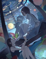 Rule 34 | 2girls, absurdres, barefoot, black hair, blanket, bracelet, brown eyes, earth (planet), feet out of frame, fingernails, highres, holding hands, jewelry, long hair, long sleeves, looking at another, mars (planet), multiple girls, oekaki taro, open mouth, original, pajamas, pillow, planet, projector, puffy long sleeves, puffy sleeves, shorts, solar system, tank top, venus (planet)