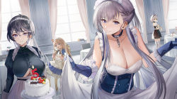 Rule 34 | 4girls, :d, absurdres, apron, azur lane, bare shoulders, belfast (azur lane), bellona (armed to clean) (azur lane), bellona (azur lane), birthday cake, black dress, black shirt, blonde hair, blue dress, blue eyes, blush, bowing, braid, breasts, broken, broken chain, cake, chain, cleavage, closed mouth, clothing cutout, collar, collarbone, commentary request, cowboy shot, crown, cup, curtsey, derby (dabidabi), dress, food, french braid, frilled apron, frilled gloves, frills, gloves, grey hair, hair between eyes, hair ribbon, hairband, head tilt, highres, holding, holding cup, holding plate, indoors, lace-trimmed hairband, lace trim, large breasts, long hair, long sleeves, looking at viewer, low neckline, maid, maid apron, maid headdress, mini crown, multiple girls, official alternate costume, open mouth, plate, puffy long sleeves, puffy sleeves, purple eyes, queen elizabeth (azur lane), queen elizabeth (yes your maidness!) (azur lane), red eyes, ribbon, shirt, short hair, short sleeves, sidelocks, sirius (azur lane), sitting, skirt, skirt hold, smile, standing, sweat, table, teacup, thighhighs, tiered tray, underboob, underboob cutout, very long hair, white apron, white gloves, white hair, white ribbon, white thighhighs, window, zettai ryouiki