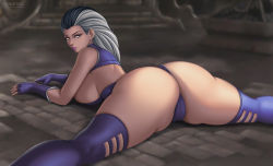 Rule 34 | 1girl, ass, bare shoulders, black hair, breasts, cameltoe, come hither, fingerless gloves, flowerxl, from behind, gloves, huge ass, large breasts, leotard, long hair, looking at viewer, looking back, lying, mortal kombat (series), no pupils, on stomach, shiny skin, sideboob, sindel, smile, solo, thick thighs, thighhighs, thighs, white eyes, white hair