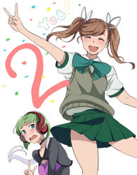 Rule 34 | blush, brown hair, choker, closed eyes, english text, green eyes, green hair, hair ribbon, headphones, light green hair, long hair, meuniel, multiple girls, nanase (under night in-birth), open mouth, phonon (under night in-birth), ribbon, school uniform, short hair, simple background, skirt, smile, snake, sweater vest, touniyuu, twintails, under night in-birth, under night in-birth 2 sys:celes, under night in-birth exe:late[st], v, white background