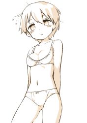 Rule 34 | 10s, 1girl, bad id, bad pixiv id, blush, bow, bow bra, bow panties, bra, breasts, highres, kantai collection, looking at viewer, mogami (kancolle), monochrome, muku (muku-coffee), panties, short hair, simple background, solo, underwear, underwear only, white background