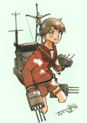 Rule 34 | 1girl, adapted turret, black hair, brown eyes, brown neckerchief, brown sailor collar, brown serafuku, brown shorts, cannon, commentary request, cropped legs, kantai collection, long sleeves, machinery, mogami (kancolle), neckerchief, sadakuma, sailor collar, school uniform, serafuku, short hair, shorts, signature, simple background, smokestack, solo, swept bangs, turret, white background