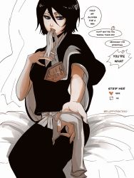Rule 34 | 1girl, black hair, bleach, breasts, floppydisk7000, gloves, hair between eyes, highres, japanese clothes, kuchiki rukia, long sleeves, looking at viewer, meme, open mouth, purple eyes, shinigami, short hair, small breasts, solo, twitter strip game (meme), undressing