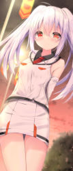 Rule 34 | 1girl, bare shoulders, black shirt, blurry, blurry background, blush, breasts, closed mouth, cloud, collared shirt, commentary request, depth of field, detached sleeves, flag, hair between eyes, highres, isla (plastic memories), jacket, kouda suzu, lamppost, long hair, necktie, outdoors, plastic memories, pleated skirt, purple hair, red eyes, red necktie, shirt, skirt, sky, sleeveless, sleeveless jacket, small breasts, smile, solo, standing, sunset, thigh gap, twintails, white jacket, white skirt, white sleeves