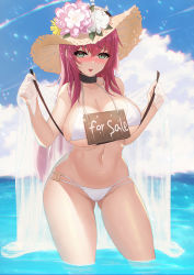 Rule 34 | 1girl, :d, azur lane, bare shoulders, bikini, black collar, blue sky, blush, breasts, cleavage, cloud, collar, collarbone, commentary request, cowboy shot, day, flower, gluteal fold, green eyes, groin, hair between eyes, hat, hat flower, highres, holding strap, large breasts, long hair, looking at viewer, multi-strapped bikini, navel, nose blush, ocean, official alternate costume, open mouth, outdoors, paid reward available, red hair, see-through, sidelocks, sky, smile, solo, standing, stomach, straw hat, sun hat, surcouf (azur lane), surcouf (loisirs balneaires) (azur lane), swimsuit, takibi (tamikyo), underboob, very long hair, wading, white bikini
