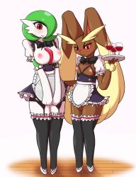 Rule 34 | 2girls, animal ears, aoinu111, apron, black bow, black legwear, blush, bow, breastless clothes, breasts, creatures (company), cup, drinking glass, embarrassed, furry, game freak, gardevoir, garter belt, garter straps, gen 3 pokemon, gen 4 pokemon, green hair, highres, large breasts, looking at viewer, lopunny, maid, multiple girls, nintendo, nipples, no panties, pokemon, pokemon (creature), pussy, rabbit, rabbit ears, red eyes, simple background, small breasts, sweat, sweatdrop, thighhighs, tray, uncensored, waist apron, waitress, wine glass