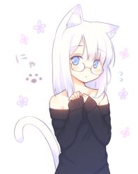 Rule 34 | 1girl, animal ear fluff, animal ears, bare shoulders, black sweater, blue eyes, blush, cat ears, cat girl, cat tail, closed mouth, collarbone, commentary request, floral background, flying sweatdrops, glasses, hair between eyes, hands up, long hair, long sleeves, looking at viewer, mole, mole under eye, off-shoulder sweater, off shoulder, sakurato ototo shizuku, shirokami project, simple background, sleeves past wrists, solo, sweater, tail, translation request, white background, white hair