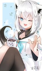 Rule 34 | 1girl, ahoge, animal ear fluff, animal ears, artist name, black thighhighs, blue neckerchief, blush, braid, collarbone, commentary request, cup, detached sleeves, fox ears, fox girl, fox tail, green eyes, hair between eyes, highres, holding, holding cup, hololive, hood, hoodie, knees up, long hair, looking at viewer, masaki (ngngwasshoi), neckerchief, one eye closed, open mouth, pentagram, shirakami fubuki, shirakami fubuki (1st costume), sidelocks, single braid, single thighhigh, sitting, solo, tail, thighhighs, virtual youtuber, white hair, white hoodie