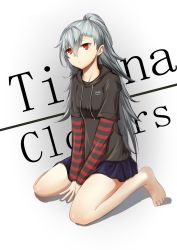 Rule 34 | 1girl, barefoot, between legs, black sweater, blue skirt, character name, closers, copyright name, full body, hair between eyes, hand between legs, highres, layered sleeves, long hair, long sleeves, miniskirt, pleated skirt, ponytail, red eyes, shirt, short over long sleeves, short sleeves, silver hair, simple background, sitting, skirt, solo, striped clothes, striped shirt, sweater, tina (closers), very long hair, wariza, white background, xie wang