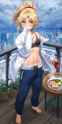 Rule 34 | 1girl, barefoot, black bra, blonde hair, blue pants, blue sky, blush, bra, breasts, city, cloud, coffee, commentary request, cup, day, fate/apocrypha, fate (series), feet, food, green eyes, highres, holding, holding cup, legs, long sleeves, looking at viewer, mordred (fate), mug, navel, off shoulder, pants, plant, ponytail, potted plant, railing, shirt, short hair, single bare shoulder, sky, small breasts, solo, standing, stomach, sweatpants, thighs, toenails, toes, tonee, underwear, white shirt