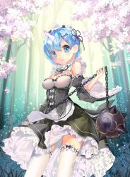 Rule 34 | 1girl, black dress, blue eyes, blue hair, blush, breasts, cherry blossoms, cleavage, commentary request, detached sleeves, dress, frown, hair ornament, hair over one eye, hair ribbon, highres, holding, holding weapon, horns, looking at viewer, maid, medium breasts, mintchoco (orange shabette), oni, oni horns, outdoors, purple ribbon, re:zero kara hajimeru isekai seikatsu, rem (re:zero), ribbon, short hair, single horn, solo, thighhighs, weapon, white thighhighs, x hair ornament