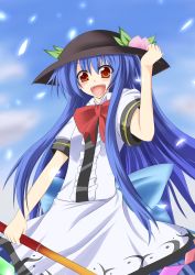Rule 34 | 1girl, absurdres, blue hair, blush, bow, day, female focus, food, fruit, hagami495, hat, highres, hinanawi tenshi, leaf, long hair, long skirt, open mouth, orange eyes, peach, short sleeves, skirt, sky, solo, sword, sword of hisou, touhou, very long hair, weapon