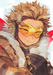 Rule 34 | 1boy, artist name, blonde hair, boku no hero academia, closed mouth, eating, glasses, gloves, hawks (boku no hero academia), headphones, jacket, kadeart, looking at viewer, male focus, solo, upper body, yellow eyes