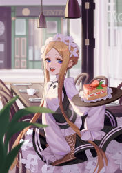 Rule 34 | 1girl, :d, abigail williams (fate), abigail williams (festival outfit) (fate), absurdres, black dress, blonde hair, blue eyes, blurry, blurry background, blurry foreground, breasts, cake, cake slice, chair, commentary request, cup, depth of field, dress, fate/grand order, fate (series), food, forehead, fork, fruit, heroic spirit festival outfit, highres, indoors, keyhole, long hair, long sleeves, looking at viewer, menu, mosi l, official alternate costume, open mouth, parted bangs, shirt, sidelocks, sleeveless, sleeveless dress, sleeves past fingers, sleeves past wrists, small breasts, smile, solo, sparkle, spoon, strawberry, table, upper body, very long hair, waitress, white shirt