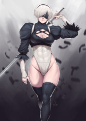 Rule 34 | 1girl, abs, absurdres, blindfold, breasts, cleavage cutout, clothing cutout, elbow sleeve, hair ornament, highres, katana, large breasts, leotard, muscular, muscular female, nier (series), nier:automata, over shoulder, puffy sleeves, solo, speedl00ver, sword, thighhighs, weapon, weapon over shoulder, wide hips, 2b (nier:automata)
