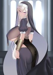 Rule 34 | 1girl, absurdres, ass, black headwear, blush, breasts, closed mouth, from side, highres, large breasts, looking at viewer, nun, original, purple eyes, short sleeves, smile, solo, tnr (horiko1525), white hair