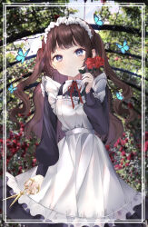 Rule 34 | 1girl, absurdres, apron, blue eyes, blurry, blurry background, brown hair, bug, butterfly, collared dress, dress, flower, frilled apron, frills, hand up, highres, holding, holding flower, holding scissors, insect, long hair, long sleeves, maid, maid headdress, neck ribbon, original, outdoors, photo background, puffy long sleeves, puffy sleeves, ri yonn, ribbon, rose, scissors, solo, two side up