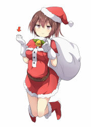 Rule 34 | 10s, 1girl, :&gt;, alternate costume, arrow (symbol), bell, belt, boots, brown hair, capelet, christmas, clenched hand, collar, dress, full body, fur trim, gloves, hat, highres, kaga (kancolle), kantai collection, looking at viewer, neck bell, over shoulder, red dress, red footwear, sack, santa boots, santa costume, santa hat, side ponytail, simple background, solo, ukami, white background, white gloves