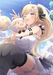 Rule 34 | 1girl, :3, absurdres, ahoge, animal ears, black ribbon, black thighhighs, blue sky, blush, breasts, cloud, dress, eat some cookie, hair ornament, hair ribbon, hairpin, highres, hololive, horns, large breasts, long hair, looking at viewer, official alternate costume, one eye closed, ponytail, purple eyes, ribbon, sheep ears, sheep girl, sheep horns, sky, sleeveless, sleeveless dress, smile, thigh strap, thighhighs, tongue, tongue out, tsunomaki watame, tsunomaki watame (watame night fever!!), virtual youtuber, watamate, white dress