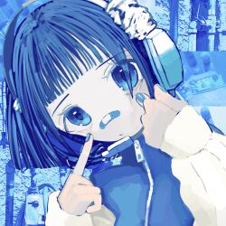 Rule 34 | 1girl, bandaid, bandaid on face, bandaid on nose, blue theme, blunt bangs, blunt ends, eyelid pull, hair over one eye, hands on own face, hands up, head tilt, headset, highres, jacket, long sleeves, looking at viewer, nail polish, original, short hair, sleeves past wrists, solo, straight hair, upper body, urokogaran, zipper, zipper pull tab